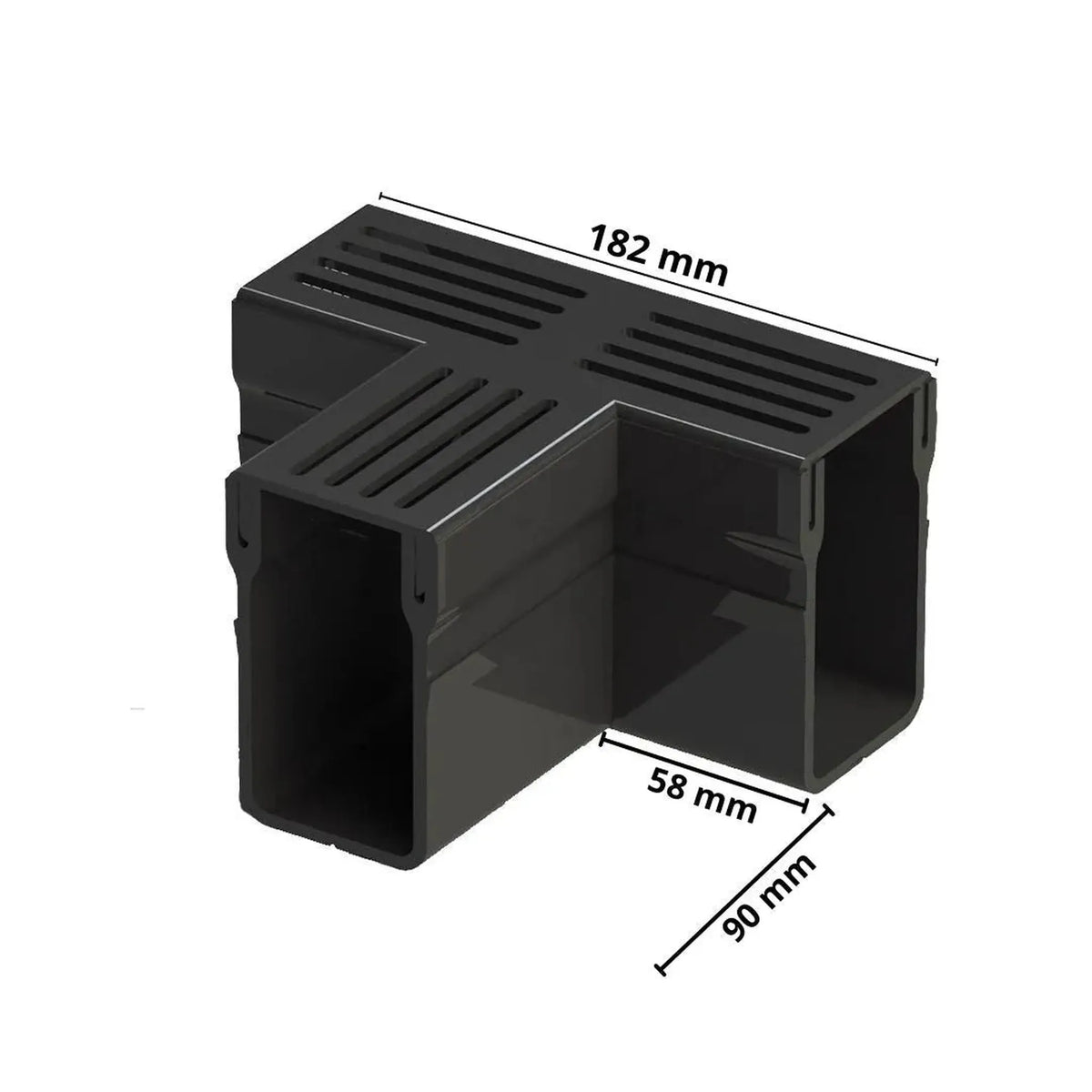 Pièce en T cotée UD Pro 65 noir. Largeur côté : 182 mm, intérieur : 58 mm, entretoise : 90 mm
#FR0003401