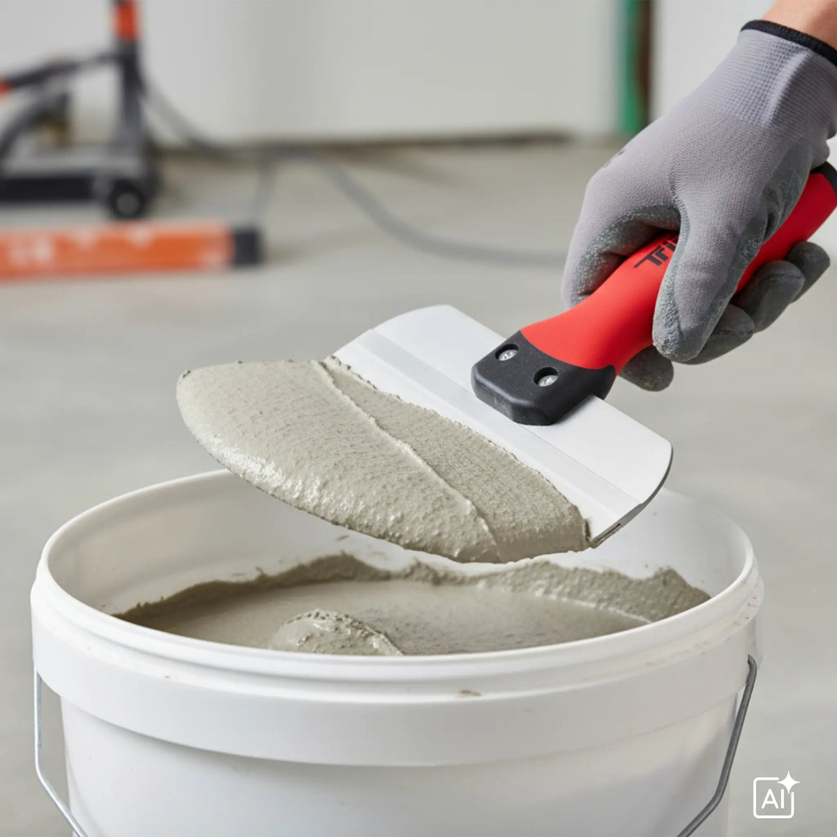 Filler compound is being scooped from a bucket with the stainless steel bucket spatula