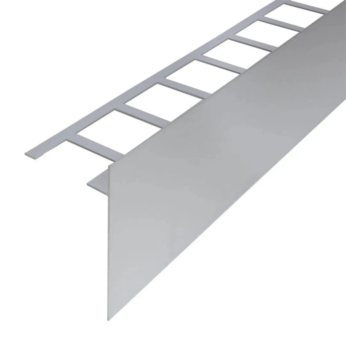 Widok szczegółowy srebrnego anodyzowanego profilu balkonowego kątowego T-kształtnego z wysokością osłony 120 mm #A0003285