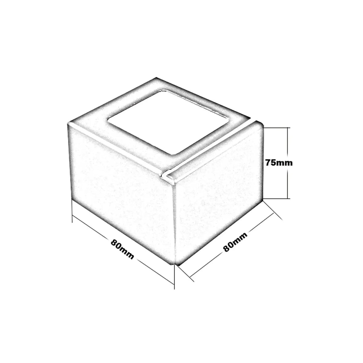 Technische Zeichnung des Eckstücks Balkonprofil L-Form. 80 mm Breite, 80 mm Länge, 75 mm Höhe #A0003423 #A0003414