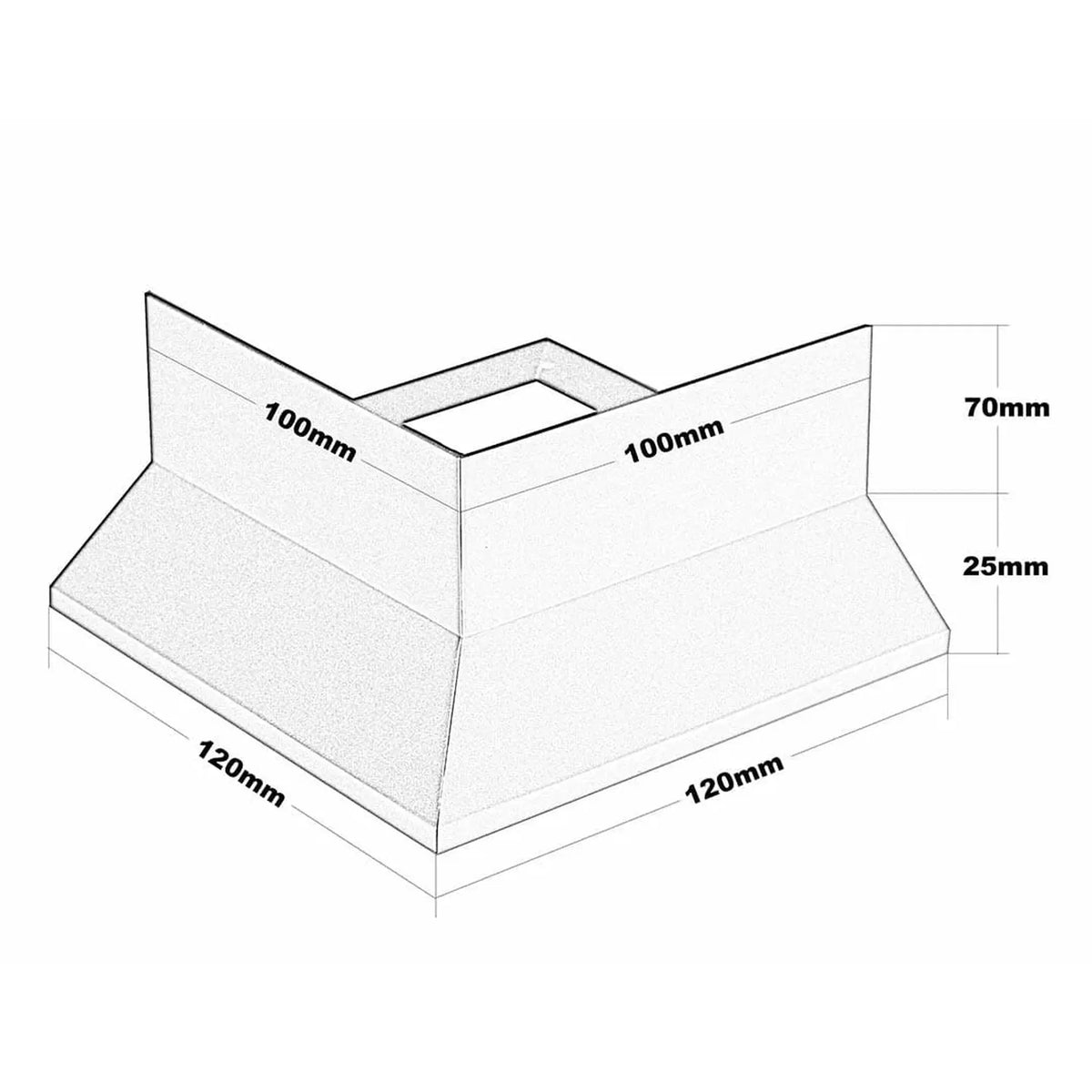 Rysunek techniczny narożnika do profilu balkonowego Y. Szerokość dolna 120 mm, długość dolna 120 mm, szerokość górna 100 mm, długość górna 100 mm, wysokość 95 mm #A0003430 #A0001318