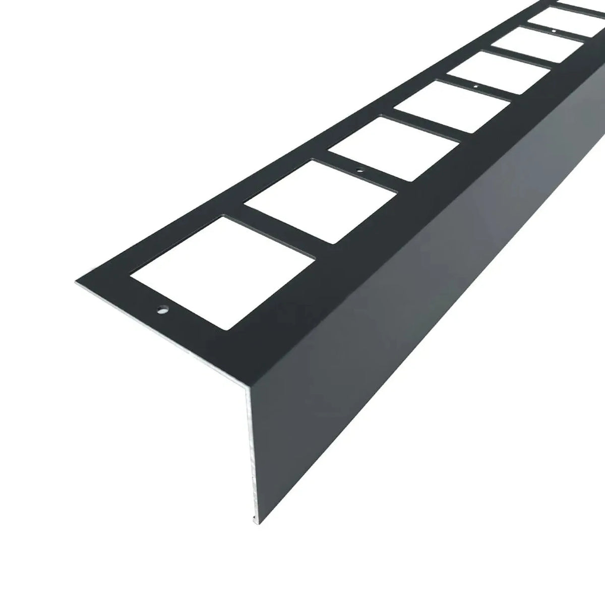 Detailed view of the powder-coated, anthracite aluminium L-shaped balcony tile trim with punched leg #A0004278 #A0004281 #A0004283