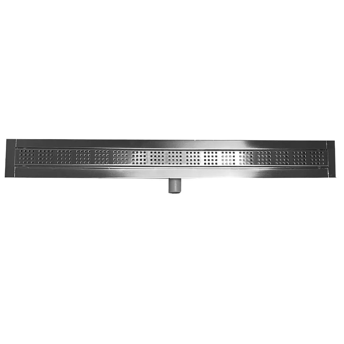Caniveau de douche en acier inoxydable V2A vu de dessus avec motif carré sur la grille et évacuation horizontale