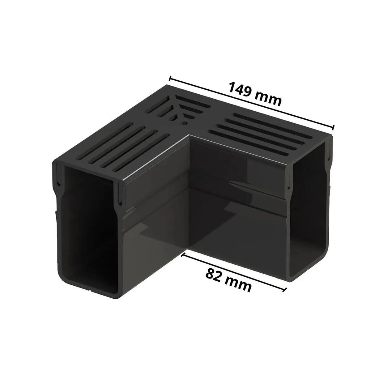 Photo cotée de la pièce d'angle UDP 65 avec grille noire. Arête extérieure 149 mm, arête intérieure 82 mm #A0003402