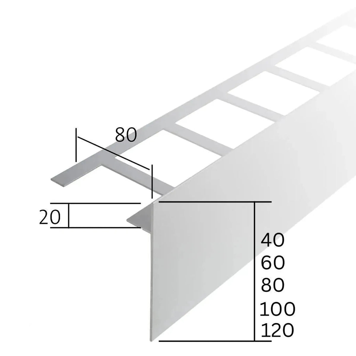 Rysunek techniczny z wymiarami. Szerokość ramienia 80 mm, wysokość osłony 40, 60, 80, 100, 120 mm