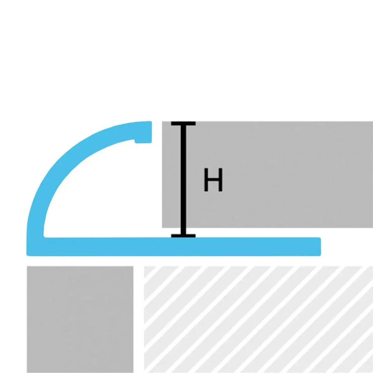 Two-dimensional drawing of on installed, open quarter round profile aluminium with height H