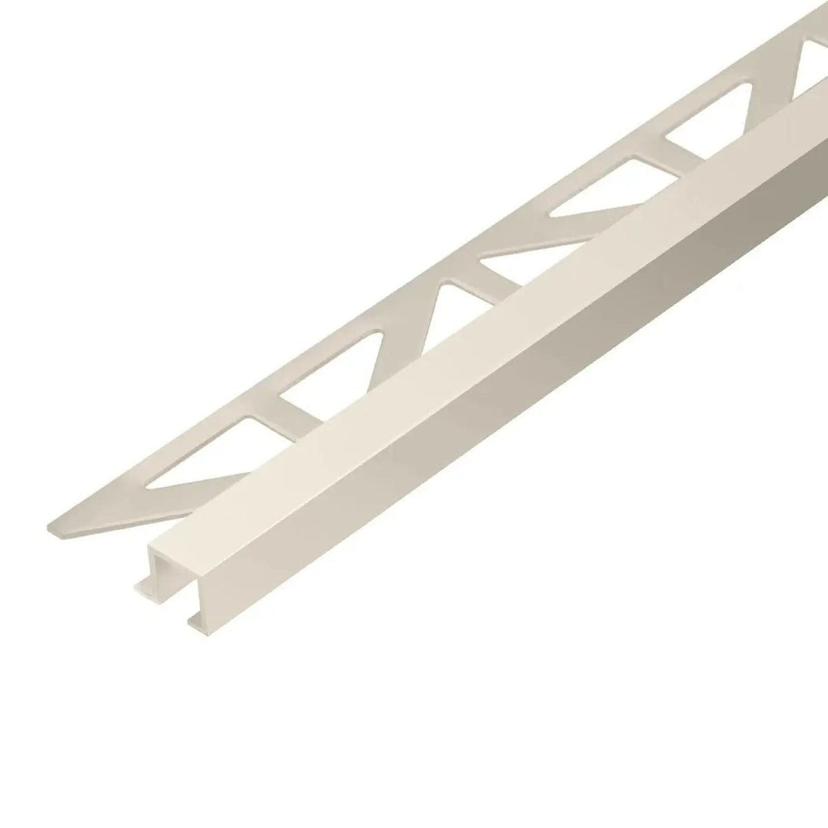 Sand-coloured powder-coated square profile made of aluminium with triangular punching and matt appearance.
