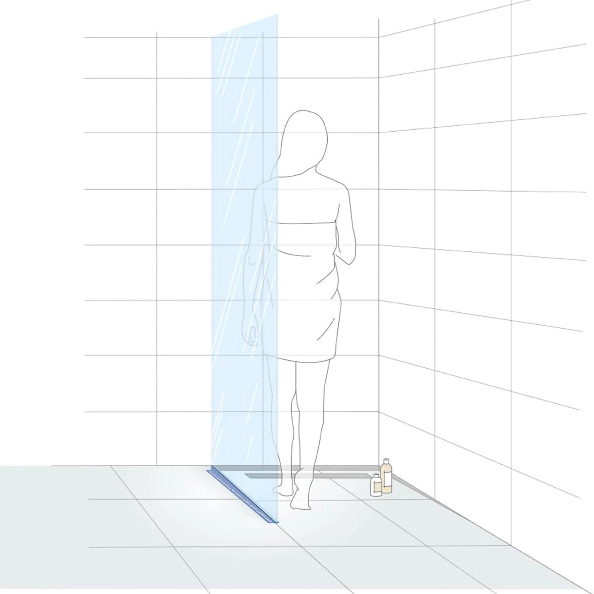 Illustration eines verbauten rechten DURAL Gefällekeils Glasaufnahme mit Frau in Dusche #A0002772 #A0002774 #A0002776 #A0002905