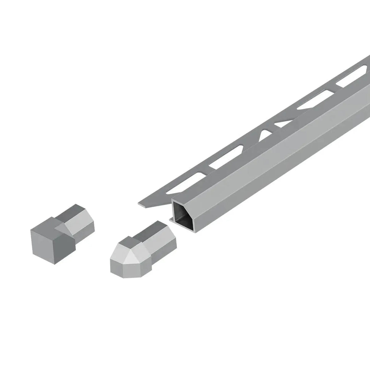 Profil kwadratowy z aluminium malowanego proszkowo w kolorze szarym betonowym ze ściętą krawędzią widoczną, perforacją trójkątną i matowym wykończeniem z narożnikami wewnętrznymi i zewnętrznymi.