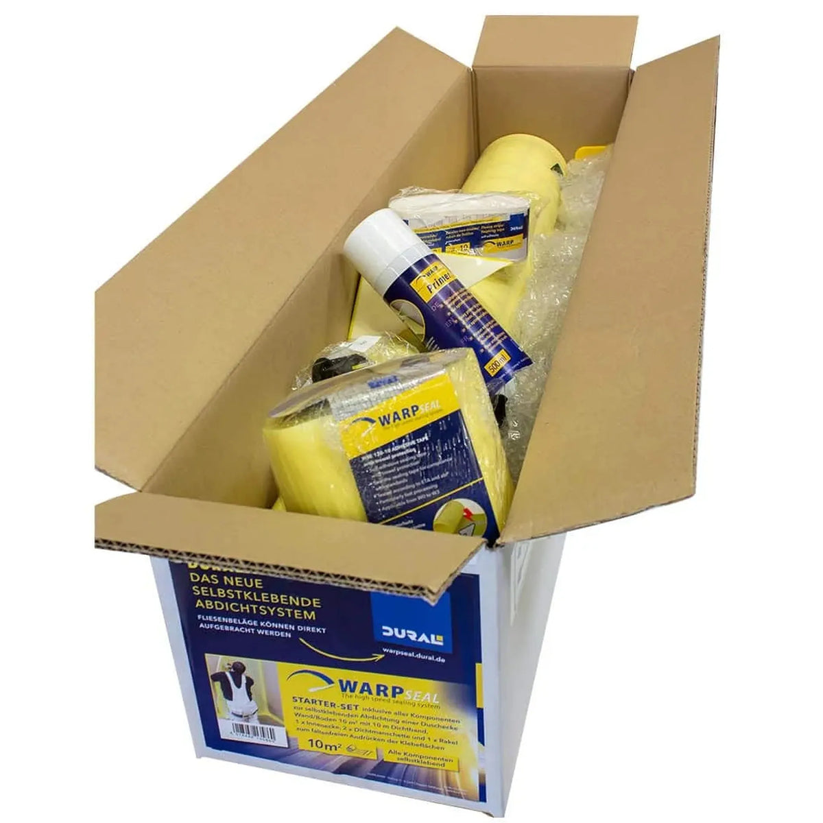 Kit de démarrage membrane d'étanchéité auto-adhésive WS avec spray primaire, membrane d'étanchéité et coins d'étanchéité dans un emballage carton