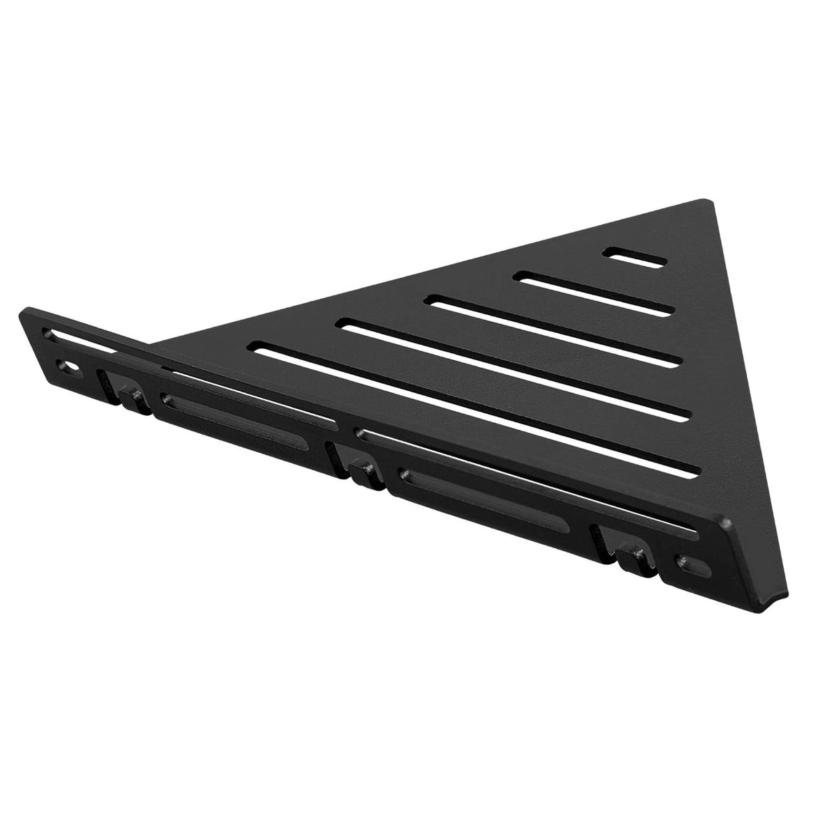 Detail image black TI-SHELF triangular corner shelf aluminium with Line pattern and railing #A0004297
