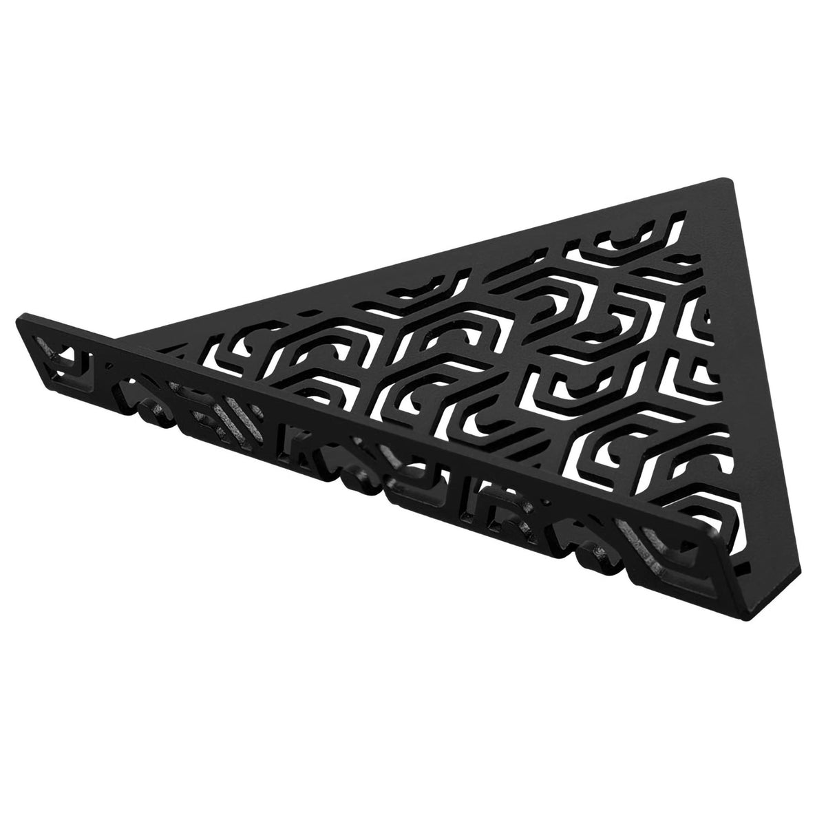 Detail image black TI-SHELF triangular corner shelf aluminium with Penta pattern and railing #A0004299