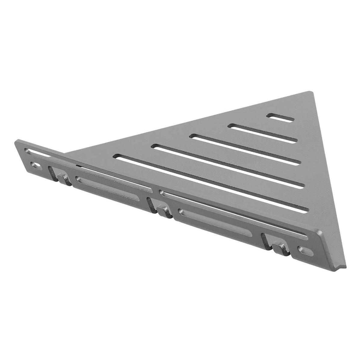 Detail image concrete grey TI-SHELF triangular corner shelf aluminium with Line pattern and railing #A0004313