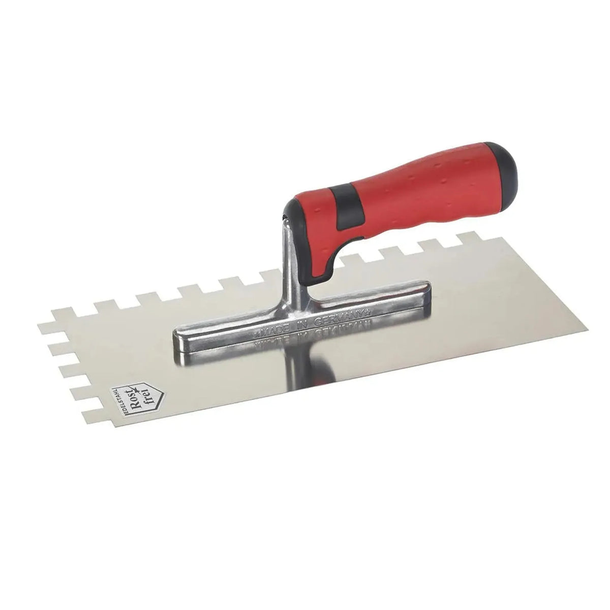 Glättekelle mit roten Kunststoffgriff und 12 x 12 mm Zahnung #A0003035