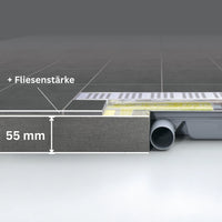 Side ambience image of the shower drain with square grate cover and horizontal drain. The low installation height of 55mm is marked.