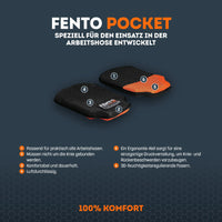 USPs von Fento Pocket, passend in alle Arbeitshosen, ergonomisch, feuchtigkeitsregulierende Fasern, luftdurchlässige.