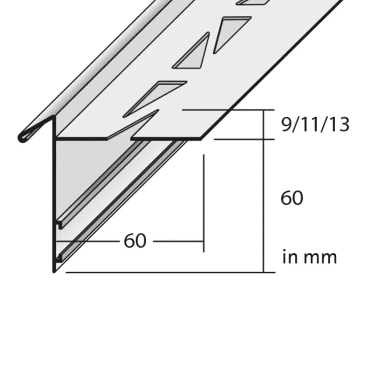 Dessin coté du profilé angulaire de balcon avec larmier et aile perforée ainsi que grand cache à l'avant #FR0003304
#FR0003305
#FR0003307
#FR0003319
#FR0003322
#FR0003325