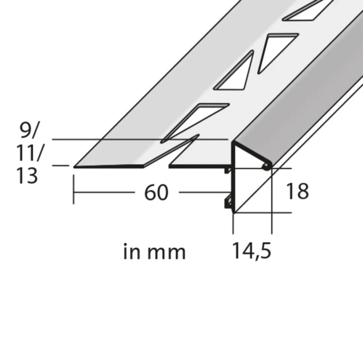 Dessin coté du profilé angulaire de balcon avec larmier et aile perforée ainsi que petit cache à l'avant #FR0003299
#FR0003303
#FR0003306
#FR0003318
#FR0003321
#FR0003324