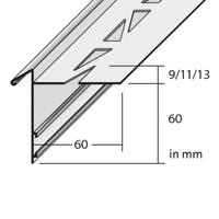 Technical drawing with dimensioned balcony angle profile with drip edge, panel height 60 mm #A0003319 #A0003322 #A0003325 #A0003304 #A0003305 #A0003307
