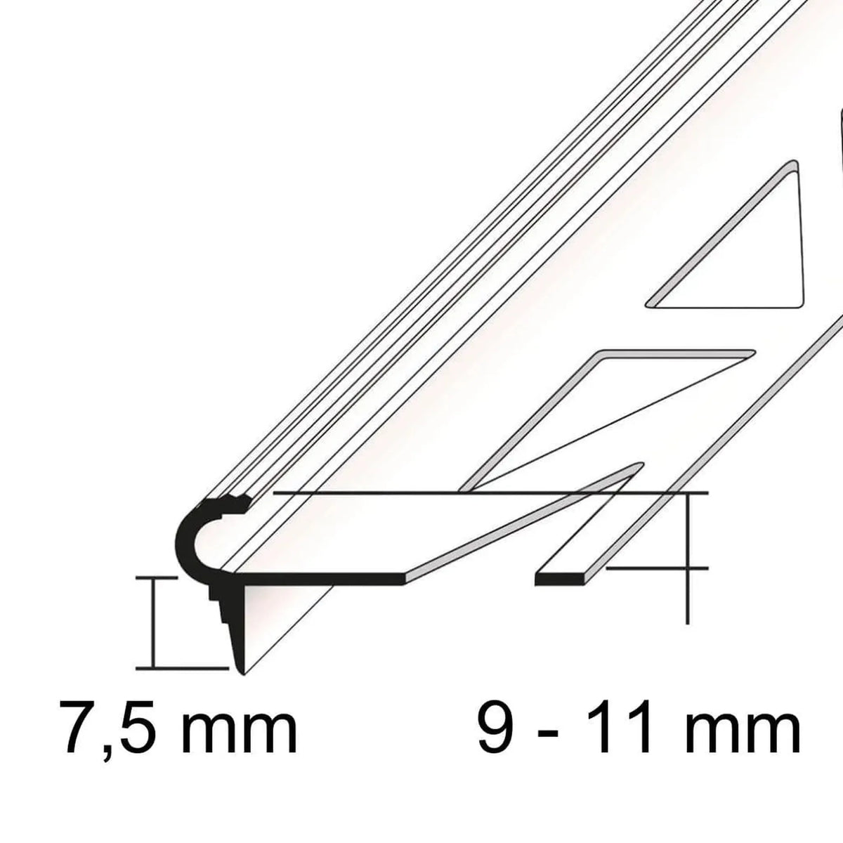 Zwart-witte tekening van het Florentiner trapprofiel aluminium met maatvoering. Afdekking naar onderen 7,5 mm, hoogte randbescherming 9 tot 11 mm