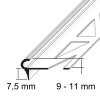 Zwart-witte tekening van het Florentiner trapprofiel aluminium met maatvoering. Afdekking naar onderen 7,5 mm, hoogte randbescherming 9 tot 11 mm