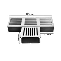 Nahaufnahme des breiten und flachen T-Stücks UD Pro 100 mit silbernem Rost  bemaßt #A0003384