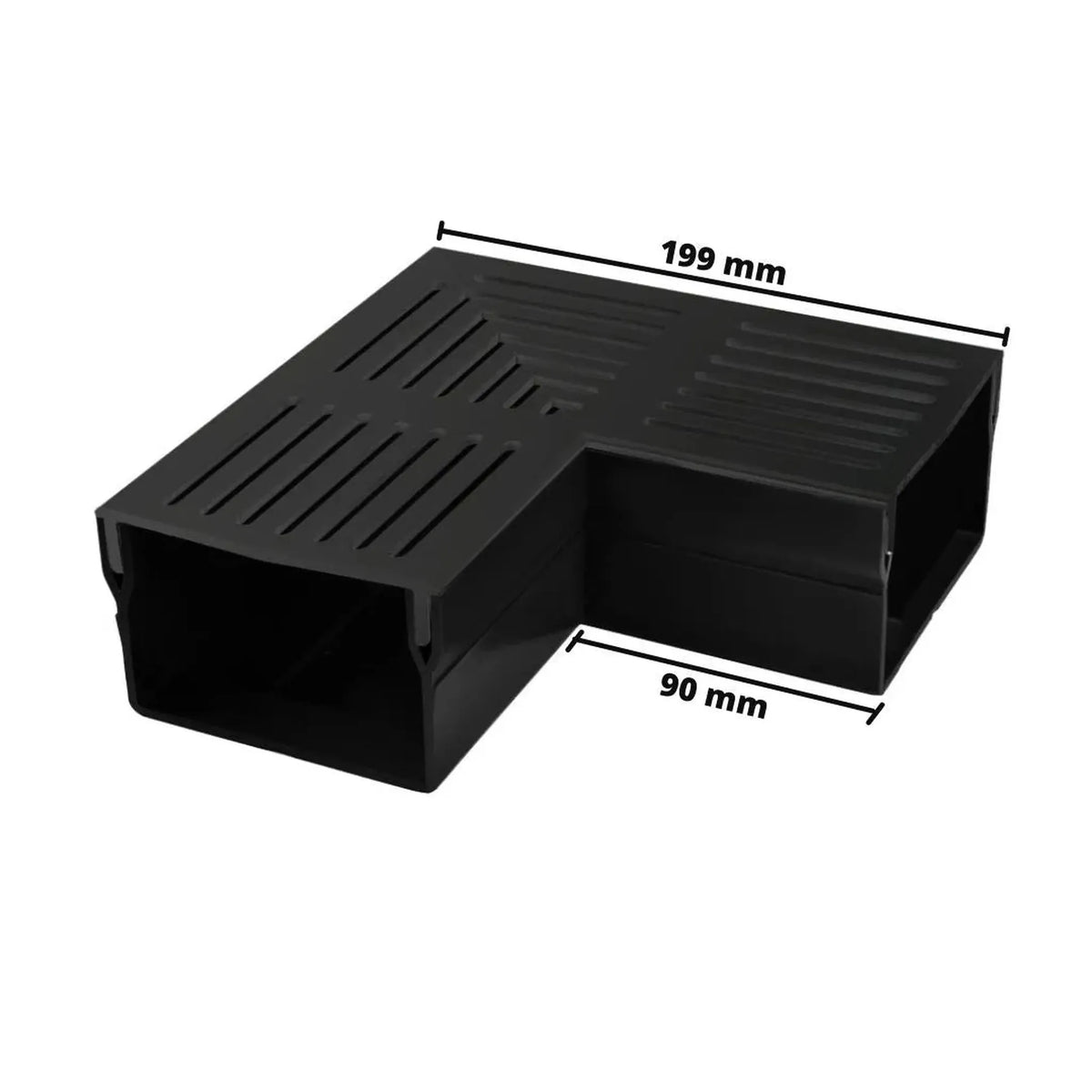 Photo cotée de la pièce d'angle UDP 100 avec grille noire. Arête extérieure 199 mm, arête intérieure 90 mm #A0003391