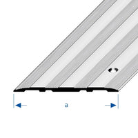 Zeichnung mit Breitenangabe a eines silbernen Abdeckprofils mit geriffelter Oberfläche und Bohrung #A0002939 #A0002943