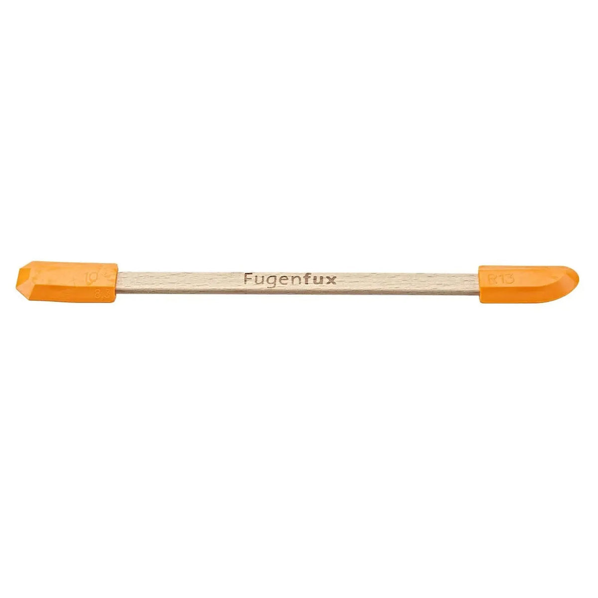 Close-up Fugenfux Multitool 2 in 1. Wooden rod with two plastic ends, one rounded, one angular
