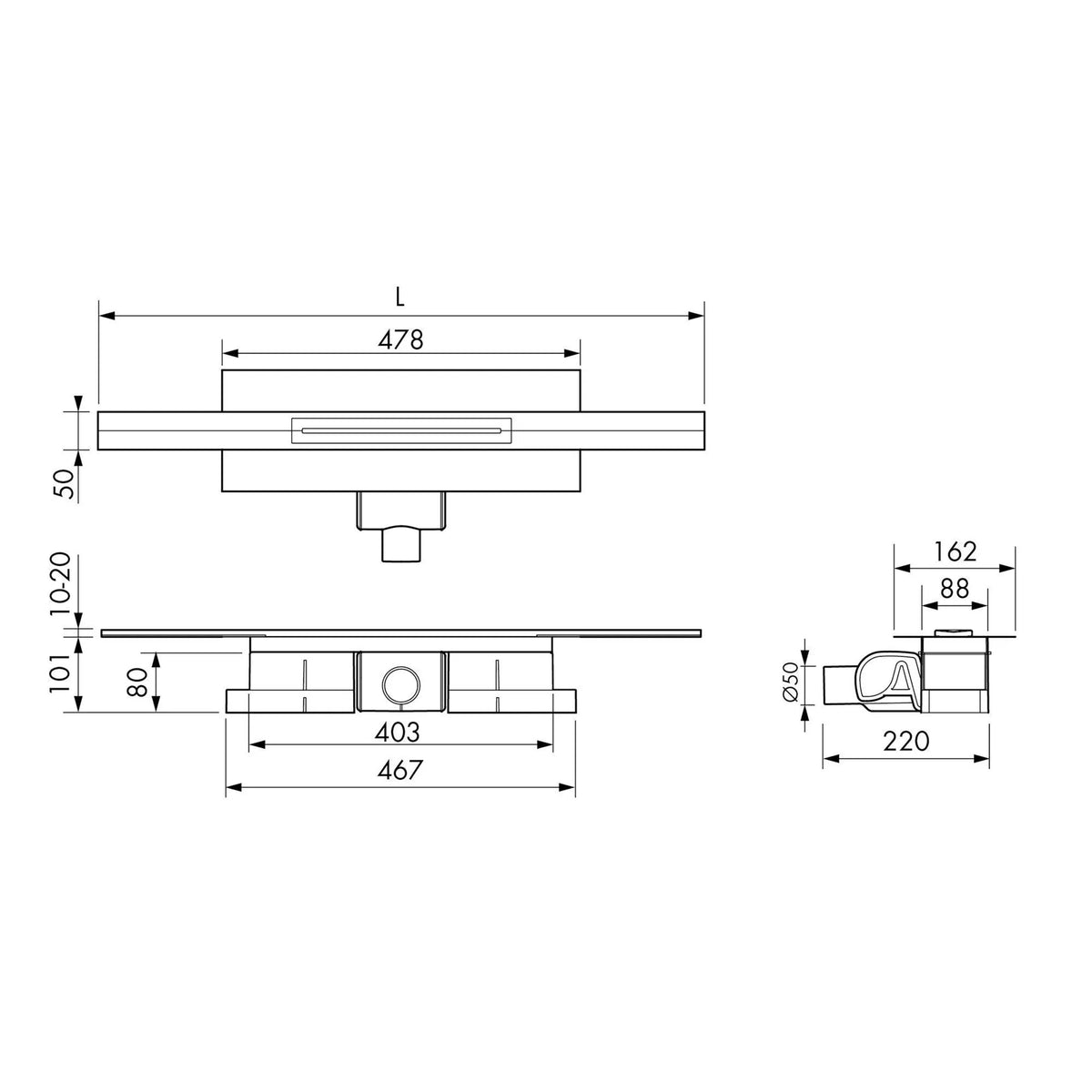 Rysunek techniczny skracalnego odpływu liniowego ze stali nierdzewnej z wysokością zabudowy 101 mm #A0005320 #A0005321 #A0005322 #A0005326 #A0005327 #A0005328 #A0005332 #A0005333 #A0005334
