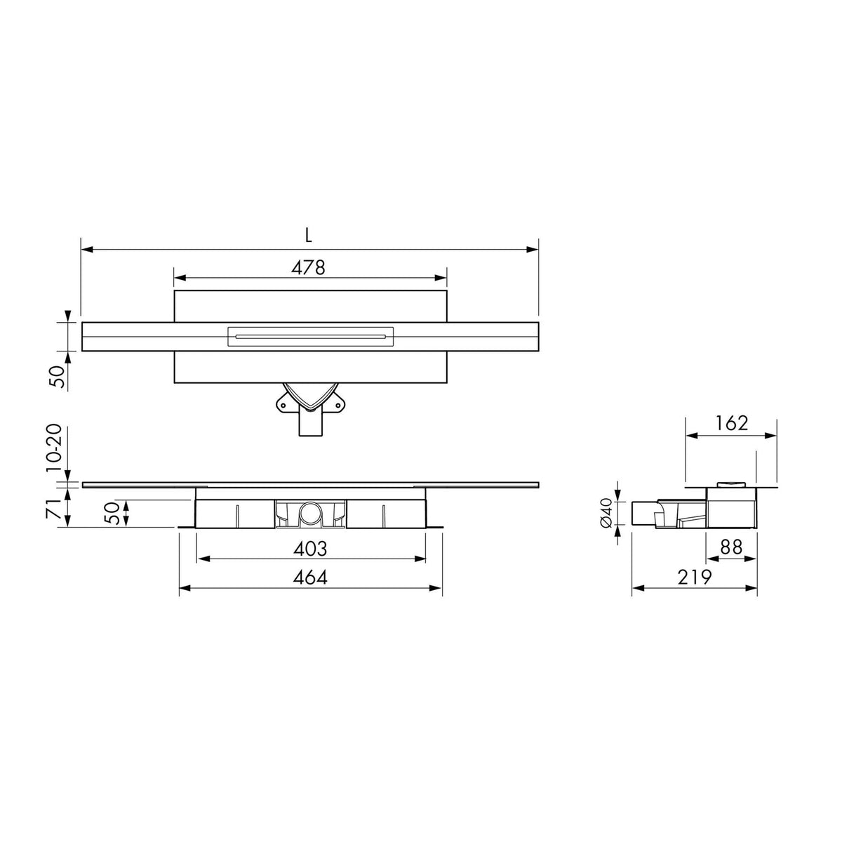 Rysunek techniczny skracalnego odpływu liniowego ze stali nierdzewnej z wysokością zabudowy 71 mm #A0005317 #A0005318 #A0005319 #A0005323 #A0005324 #A0005325 #A0005329 #A0005330 #A0005331