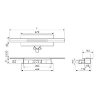 Rysunek techniczny skracalnego odpływu liniowego ze stali nierdzewnej z wysokością zabudowy 71 mm #A0005317 #A0005318 #A0005319 #A0005323 #A0005324 #A0005325 #A0005329 #A0005330 #A0005331