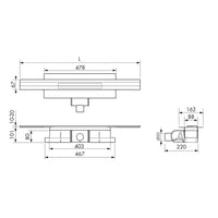 Rysunek techniczny skracalnego kompletu odpływu liniowego do połączenia ściennego z wysokością zabudowy 101 mm #A0005338 #A0005339 #A0005340 #A0005344 #A0005345 #A0005346 #A0005350 #A0005351 #A0005352