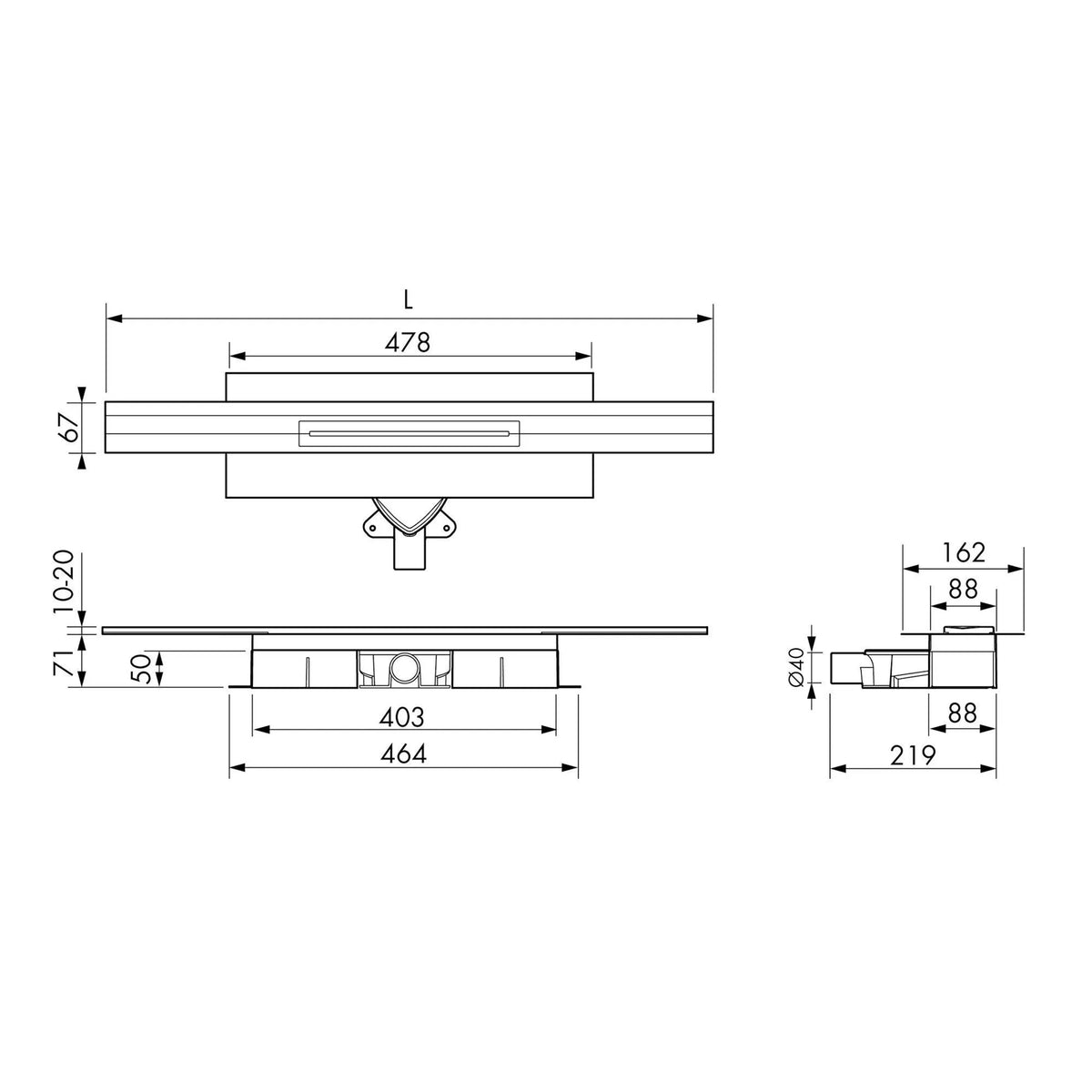 Rysunek techniczny skracalnego kompletu odpływu liniowego do połączenia ściennego z wysokością zabudowy 71 mm #A0005335 #A0005336 #A0005337 #A0005341 #A0005342 #A0005343 #A0005347 #A0005348 #A0005349