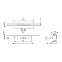 Rysunek techniczny skracalnego kompletu odpływu liniowego do połączenia ściennego z wysokością zabudowy 71 mm #A0005335 #A0005336 #A0005337 #A0005341 #A0005342 #A0005343 #A0005347 #A0005348 #A0005349