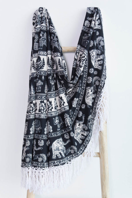 Ronde handdoek BLACK WHITE, WHITE FRINGE